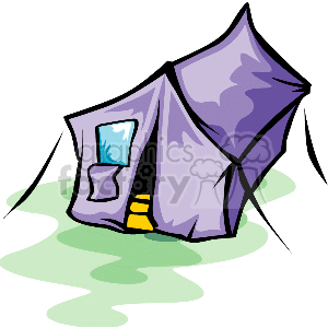 This is a clipart image of a purple camping tent. It is depicted with a flap that is partially open, showing a glimpse of the interior. The tent is staked into the ground as indicated by lines that could represent ropes or ties, and is set against a simple green and white backdrop that suggests a grassy area, common for camp setups. The style is cartoonish and uses a minimal color palette.