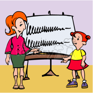 The clipart image depicts a scene that typically illustrates a teaching or learning moment. It features a female teacher and a young girl, likely her student. The teacher is standing next to a display board, which has some squiggly lines drawn on it, pointing towards it with the teaching stick. The young girl is standing in front and looking up at the teacher, seemingly attentive and happy. Both are smiling, reflecting a positive and determined attitude towards the educational process.