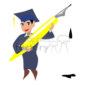 A Graduate with a Blue Cap and Gown holding a Large Yellow Pen