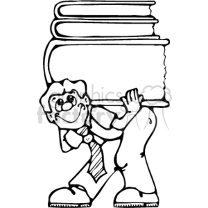 The clipart image depicts a cartoon-style boy struggling to carry a large stack of books. The boy is dressed in a country or casual style with trousers and a shirt, complete with a necktie. The books are stacked so high that they are towering over the boy's head, and he appears to be leaning to one side under the weight of the books.