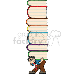 This clipart image features a tall stack of colorful books aligned vertically. Each book has a different colored spine (red, green, blue, yellow, and purple). At the bottom of the stack, there is a cartoon character of a boy struggling to carry or balance the heavy pile of books. The boy is wearing a tie and a vest, suggesting a school uniform or a country-style educational theme.