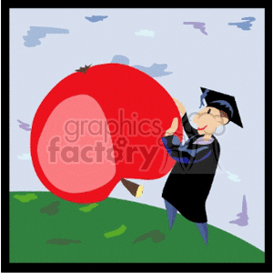 A Student with a Black Cap and Gown Pushing an Apple