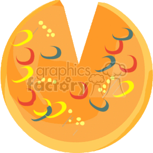 This clipart image features a cartoon-style pizza with a piece missing, indicating it has been sliced and partially eaten. The pizza is topped with what appears to be cheese, possibly pepperoni, and other colorful toppings that might represent vegetables such as peppers or olives.