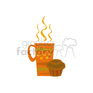 The clipart image depicts a hot steaming cup, possibly of coffee or tea, alongside a muffin or small cake, which suggests a common pairing you might find at breakfast or during a coffee break.