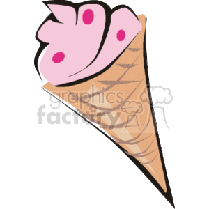 The image is a clipart of an ice cream cone. The ice cream appears to have a pink color with what seem to be small red dots or sprinkles, and it's placed on top of a crispy-looking waffle cone.