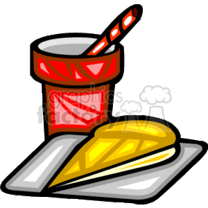 The clipart image depicts a slice of pizza resting on a plate with a cup of soda or pop beside it, complete with a straw. 