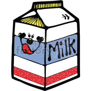 The clipart image shows a milk carton with the words 'Milk'written on it, with a smiling face licking its lips on the other side of the box. It has the red white and blue of the American flag on the sides of the carton 