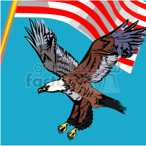 The image depicts an illustrated bald eagle in flight with its wings spread wide. Behind the eagle, there's a stylized representation of the American flag with red and white stripes and a blue field. The image captures patriotic symbols commonly associated with the Fourth of July, or Independence Day, in the United States.