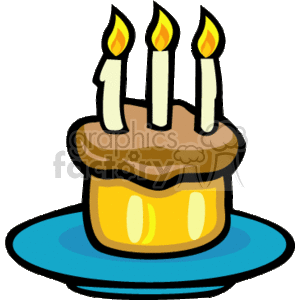 The clipart image features a stylized birthday cake with three lit candles on top, indicating a celebration such as a birthday or anniversary. The cake has two layers, with the top being chocolate and the base yellow, suggesting different flavors. It is placed on a blue plate.