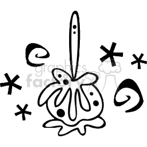 The clipart image shows a stylized drawing of a caramel apple. There is a stick inserted into the apple, which is coated with what appears to be a dripping layer of caramel or a similar sweet substance. Decorative swirls and asterisk-like shapes are scattered around the apple, perhaps suggesting a festive or celebratory atmosphere suitable for birthdays, holidays, or anniversaries.