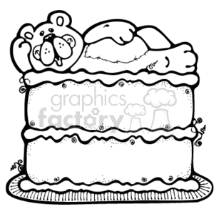The clipart image features a two-tiered, decorated cake with a teddy bear lying on top of it. The cake has icing details and appears to be on a platter or cake stand.