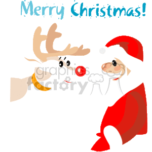 The clipart image depicts a cartoon Santa Claus and a reindeer. Santa Claus is wearing his traditional red and white suit and hat while the reindeer has a glowing red nose, reminiscent of the character Rudolph the Red-Nosed Reindeer. Both characters are smiling and appear to be in a joyful interaction. Above them, the words Merry Christmas! are displayed in a cheerful font. Snowflakes or spots suggestive of a snowy atmosphere are sparsely scattered in the background, contributing to the winter holiday theme.