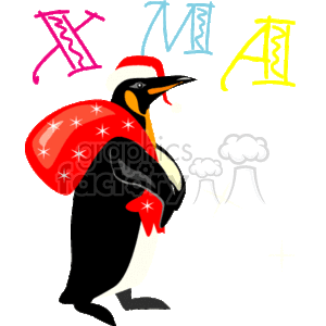 The image is a colorful clipart illustration that features a penguin dressed in a festive manner for the holiday season. The penguin is wearing a Santa hat and has a red bag with star patterns slung over its shoulder. There are various stars scattered around the bag. Behind the penguin are colorful, stylized representations of Roman numerals.