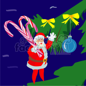 The clipart image features Santa Claus with a large candy cane, standing beside a Christmas tree that is partially visible. The tree is decorated with yellow bows and at least one blue bulb ornament. The background is a dark blue, likely representing the night sky.