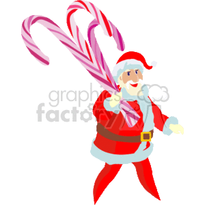 The image is a clipart illustration that depicts Santa Claus holding two large candy canes. Santa is dressed in his traditional red suit with white fur trim, black belt, and red hat with a white pom-pom. He appears cheerful and is standing in a playful pose.