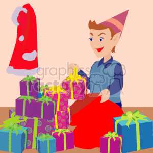 This image features a cheerful Christmas elf wearing a festive hat, surrounded by a variety of wrapped gifts in different sizes and colors. The elf appears to be placing a gift into a large red sack. A Santa coat is also depicted in the background, emphasizing the holiday theme.