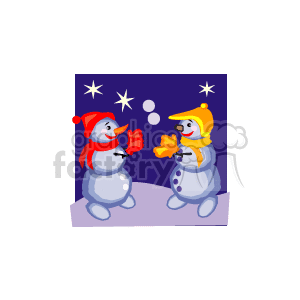 The clipart image depicts two cartoon snowmen under a nighttime sky with stars. One snowman wears a red hat and a red scarf, while the other has a yellow hat and a yellow scarf. They seem to be interacting or conversing, and there are snowflakes or small dots of snow falling around them.