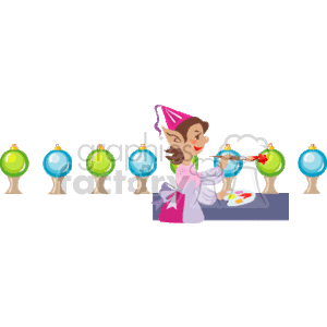 The image is a clipart depicting a Christmas scene. It shows an elf wearing a pink hat and outfit painting holiday decorations. There are six Christmas bulbs in front of her, alternating in green and blue colors, each positioned on a stand. The elf appears to be applying red paint to one of the green bulbs.