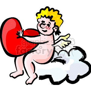 This clipart image features a whimsical representation of an angel or cherub with curly yellow hair and rosy cheeks. The cherub is sitting on a cloud and holding a big red heart, which is often associated with love and Valentine's Day.