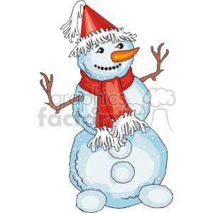 The image is a clipart of a cheerful snowman. The snowman has a big smile, a carrot nose, and is adorned with a red scarf and a red and white striped hat, suggesting it's dressed for the Christmas holiday season. It has branches for arms that are stretched out as if welcoming someone or expressing happiness, and there are small snowballs at its base, perhaps remnants of the snowman-making process or possibly feet