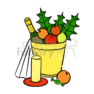 The clipart image features a yellow bucket filled with various fruits and a bottle, suggesting a celebration bucket or holiday fruit basket. Behind the bucket, there is green holly foliage with red berries, which is a common decorative element during Christmas. In front of the bucket stands a lit candle mounted on a red candle holder with dripping wax, adding to the festive atmosphere. There's also an additional fruit resting on the ground near the candle, which appears to be an orange.