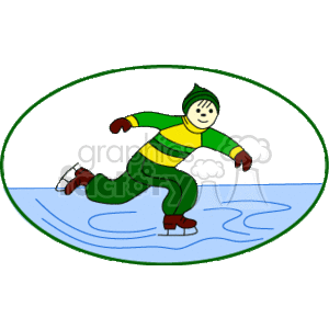 The clipart image shows a cartoon character ice skating. The character is wearing a green and yellow striped sweater, green pants, red ice skates, and a green hat. They appear to be skating on a blue patch of ice, which may represent an icy surface suitable for ice skating. The background is black, and the image is encapsulated within an oval-shaped border.