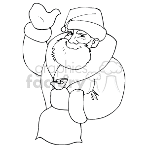The clipart image depicts a line drawing of Santa Claus waving his hand. Santa is shown with a beard, wearing his traditional hat and a coat with a warm, friendly expression on his face.