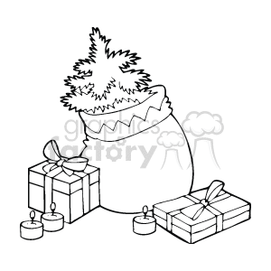 The clipart image depicts a sack (commonly associated with the kind of sack Santa Claus would use) with a Christmas tree poking out of it, indicating it's filled with Christmas decor or gifts. Nearby are two wrapped gifts or presents, and there are three decorative candles, possibly illustrating a festive Christmas setup.