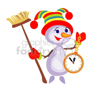 Snowman Holding a Watch and a Broom