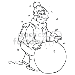 This clipart image features a child dressed warmly in winter attire, including a jacket and a hat. The child is building a snowman, as indicated by the large snowball they are rolling in a snowy setting. There are smaller snowflakes and spots around, suggesting a snowy environment.