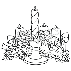 The clipart image depicts a festive Christmas centerpiece consisting of a candlestick holder with a striped candle, flanked by four additional candles, all surrounded by holly leaves and berries. Two bows are also part of the arrangement, adding a decorative touch to the holiday composition.