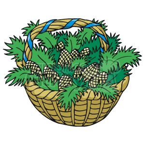 The clipart image shows a wicker basket filled with pine branches and pine cones. There is a blue ribbon weaved through the top part of the basket, adding a decorative, festive touch.
