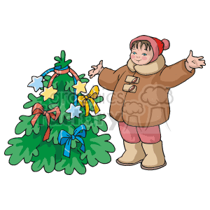 The clipart image features a child dressed in winter clothing, including a beige coat, pink pants, and beige boots, along with a pink hat and matching scarf. The child is standing next to a decorated Christmas tree adorned with colorful ornaments, such as stars and bows in yellow, blue, and red, as well as green foliage extending from its branches. The child appears happy, with arms outstretched as if presenting the tree.