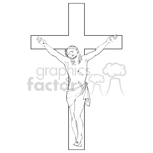 The clipart image depicts a representation of Jesus Christ on the cross, which symbolizes the Crucifixion, an event recognized in Christianity and associated with the 12th station of the Stations of the Cross, commemorating Jesus' death. This imagery is particularly relevant to special Christian observances such as Lent and Good Friday.