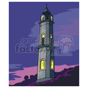This clipart image displays a tall religious tower or church, illuminated against a twilight sky with a gradient of purple and pink hues, suggesting an atmosphere that could be associated with the peacefulness of the Christmas holiday season.