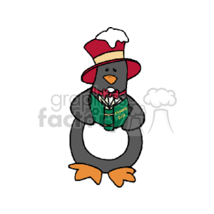 The clipart image features a penguin dressed in holiday-themed attire. The penguin is wearing a red and white top hat, suggesting a Christmas theme, and a green scarf. It is also holding a book titled A Christmas Carol, which references the classic holiday story by Charles Dickens.