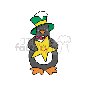 The clipart image depicts a cartoon penguin dressed in festive holiday attire. The penguin is wearing a green top hat with a white band and a red bow tie. It is also holding a yellow star with a smiley face on it. The penguin appears to be standing upright and has a cheerful expression.