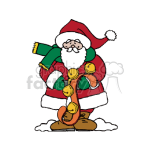 This clipart image features a cartoon depiction of Santa Claus holding a string of golden bells. Santa is wearing his traditional red and white suit with a green scarf, and he has a cheerful expression on his face.