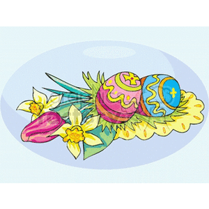 Easter eggs with tulips and dafodils
