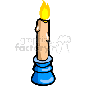 This clipart image depicts a lit candle with a brownish body and melting wax on the sides. The candle sits in a blue candle holder, and it has a bright yellow flame at the top.