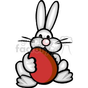 The clipart image shows a white bunny with big ears holding a large red Easter egg. The bunny's paws are wrapped around the egg, and the bunny appears to be sitting. Its eyes are prominent, and it has a cute little pink nose with whiskers.