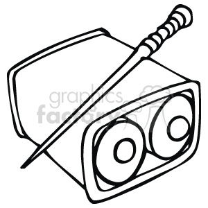 The image is a black and white clipart showing an open box with what appears to be two rolls of thread or yarn visible inside. A needle is threaded with one end sticking through the side of the box, suggesting a sewing theme.