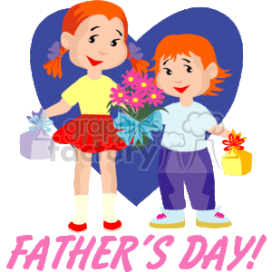 The clipart image features two children, a boy and a girl, standing in front of a large heart. The girl is holding a bouquet of colorful flowers and the boy is holding a small yellow-wrapped gift with a red ribbon. Both kids are smiling and appear to be happy. Below them is the text FATHER'S DAY! in stylized font, indicating that the children are likely giving gifts for Father's Day.