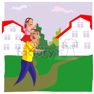 This clipart image shows a father carrying a child on his shoulders. They appear to be walking on a path near residential houses with red roofs, there are some green trees in the background, and there is a light purple sky, possibly conveying evening or early morning. It implies a family-friendly neighborhood environment and could be associated with family time during holidays or weekends.