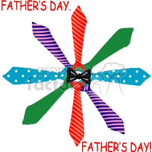 This clipart image shows a collection of neckties and a bow tie arranged to form a radial pattern, reminiscent of flower petals with the phrase Father's Day at the top and bottom of the pattern. Each tie features different colors and patterns, such as stripes, polka dots, and checks.
