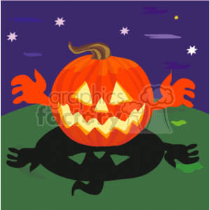 The image is a cartoon-style clipart of a Halloween-themed scene. It features a jack-o'-lantern with a scary carved face. The pumpkin has a glowing effect, indicating it is lit from within. The background depicts a night sky with stars, and there are two comet-like streaks, clouds, or shooting stars. The overall scene suggests a spooky Halloween night.
