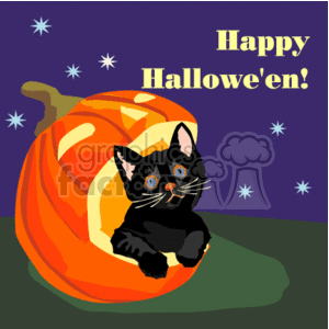 The clipart image depicts a Halloween theme with a black cat emerging from an orange pumpkin. In the background, there is a purple sky with twinkling stars, and the phrase Happy Hallowe'en! is displayed at the top. The color scheme and elements used are typical of Halloween decorations.