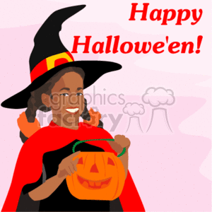The image is a festive Halloween clipart depicting a smiling person dressed as a witch. They are wearing a black hat with a red hatband and a gold buckle. The individual is also wearing a red cape and is holding a Jack-o'-Lantern candy bucket. The background is a gradient of light pink to white, and above the person, the words Happy Hallowe'en! are written in red, stylized font.