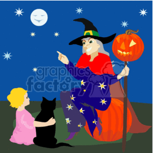 The clipart image depicts a Halloween scene with a witch seated on a pumpkin, holding a staff with a carved jack-o'-lantern at the top. A black cat is beside her, and a young child is sitting on the ground, looking up at the witch. They are under a night sky dotted with stars and a full moon.