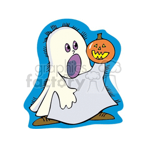 Small ghost holding a pumpkin